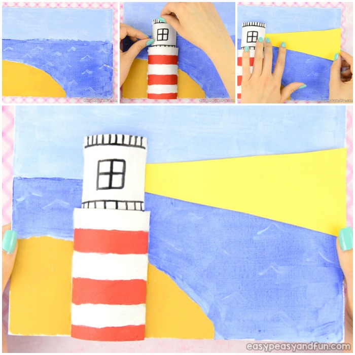 Canvas Lighthouse Art for Kids. Perfect summer art and craft idea for kids to make. Easy painting for beginners.